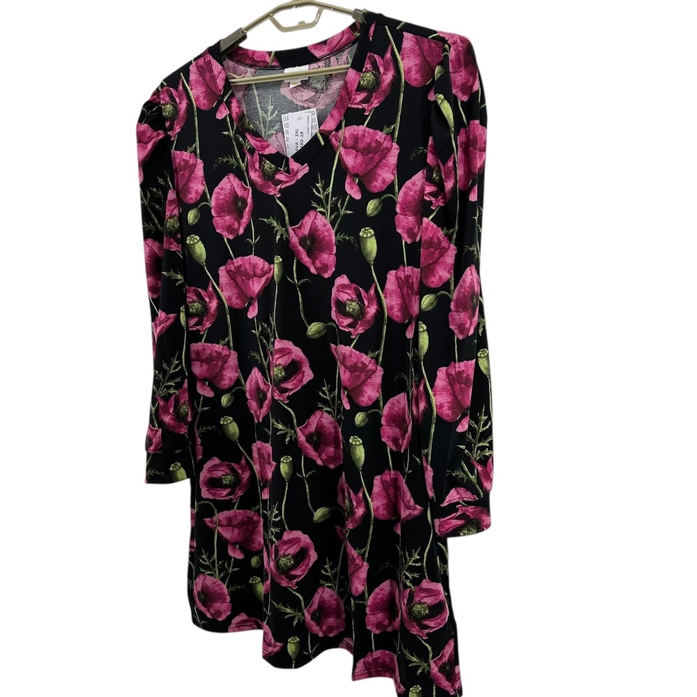 LuLaRoe Ava Mutton Sleeve Dress 3XL NWT Pink Poppy Floral Black V-Neck Plus Size - Picture 4 of 10